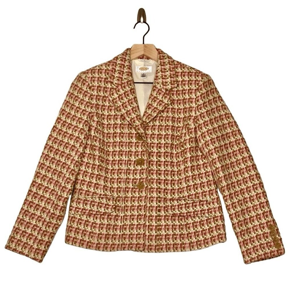 Talbots Tweed Plaid Italian Wool 3 Button Front Blazer Vintage Jacket Size 6